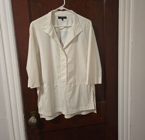 Lafayette 148 Crisp White V-Neck Tunic Summer Blouse Medium Oversized